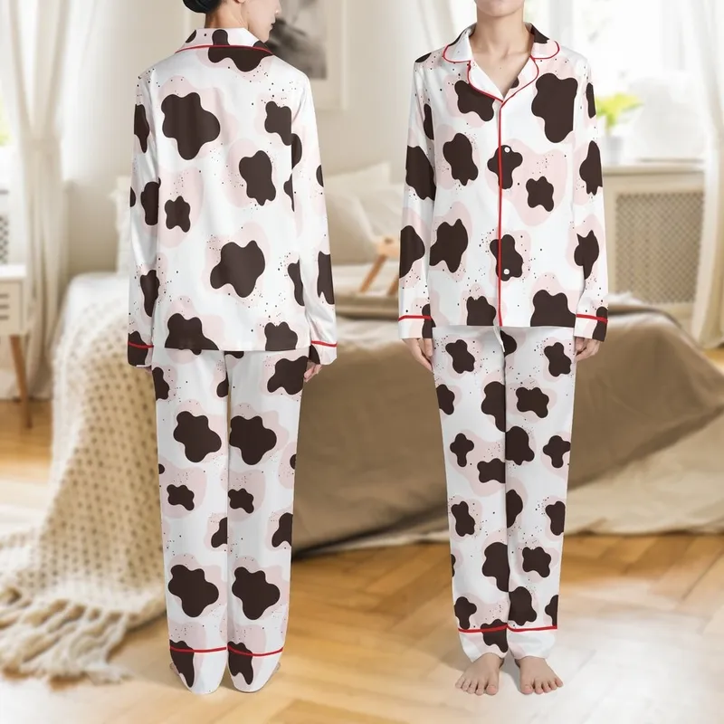Modern Style Enthusiasts' Hand-Drawn Bright White Pastel Pink Espresso Brown Abstract Cow Print Satin Pajamas Set - 1