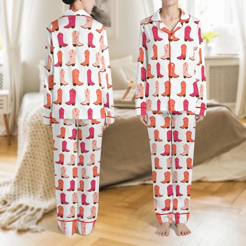 Women's Scattered Cowboy Boots Coral Red Fuchsia Pink Pastel Pink Golden Yellow Stars Hearts Pattern Satin Pajamas Set - 1
