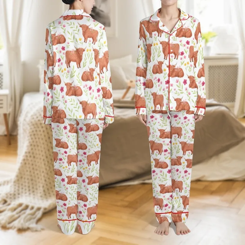 Animal Lovers' Whimsical Watercolor Reddish-Brown Highland Cow Fuchsia Pink Yellow Wildflower Pattern Satin Pajamas Set - 1