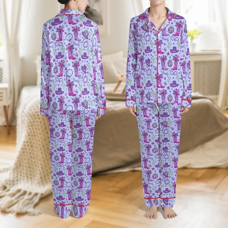 Women's Whimsical Lavender Fuchsia Cowgirl Boots Disco Ball "Howdy" Seamless Pattern Satin Pajamas Set - 1