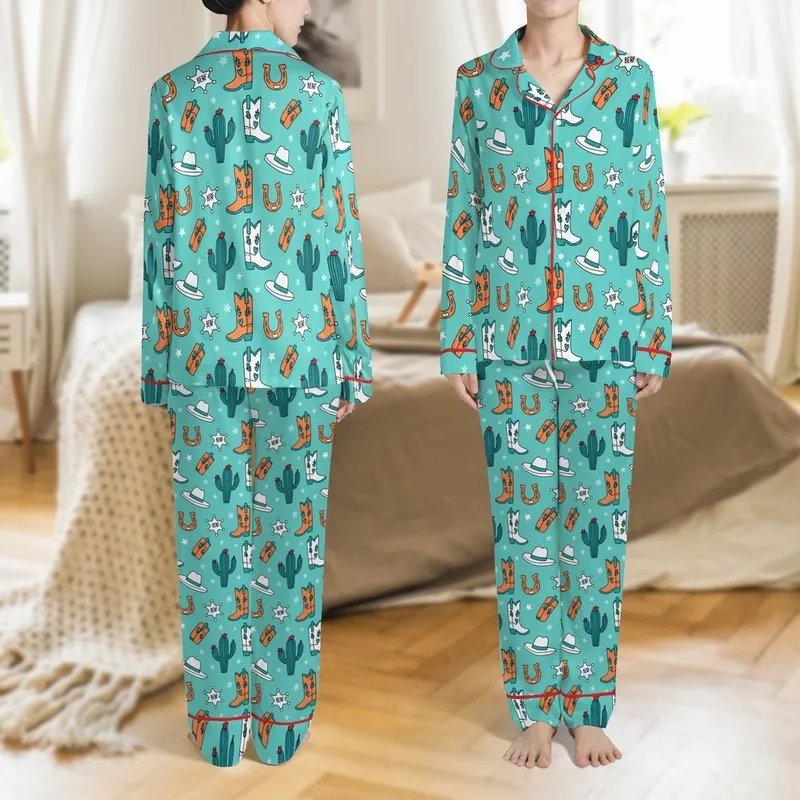 Cowgirl Spirit Whimsical Western Aqua Teal Orange Seamless Doodle Pattern Cowboy Boots Saguaro Cactus Stars Satin Pajamas Set - 1
