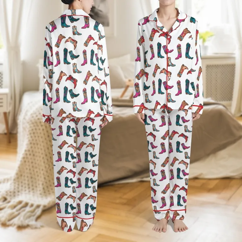 Western Style Admirers' Hand-Drawn Folk Art Cowboy Boots Pattern: Fuchsia Pink, Deep Teal, Red Satin Pajamas Set - 1