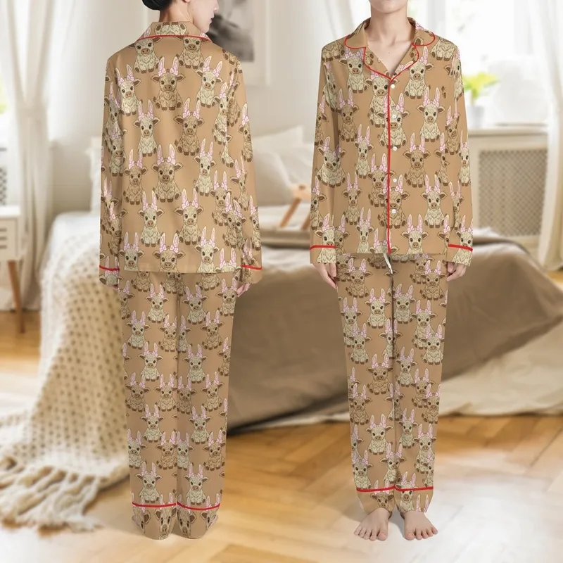Whimsical Animal Lovers Fluffy Baby Highland Cow Repeating Pattern with Pink Polka Dot Bows on Warm Light Brown Satin Pajamas Set - 1