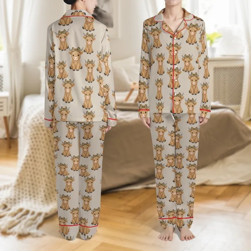Animal Lovers' Fluffy Baby Highland Cow Caramel Tawny Muted Beige Leopard Bow Seamless Pattern Satin Pajamas Set - 1