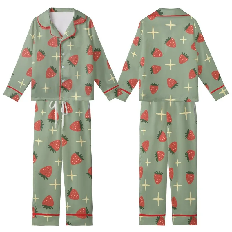 Women's Muted Sage Green Bright Red Strawberry Pale Yellow Starburst Hand-Drawn Naive Scattered Kid Satin Pajamas Set - 1