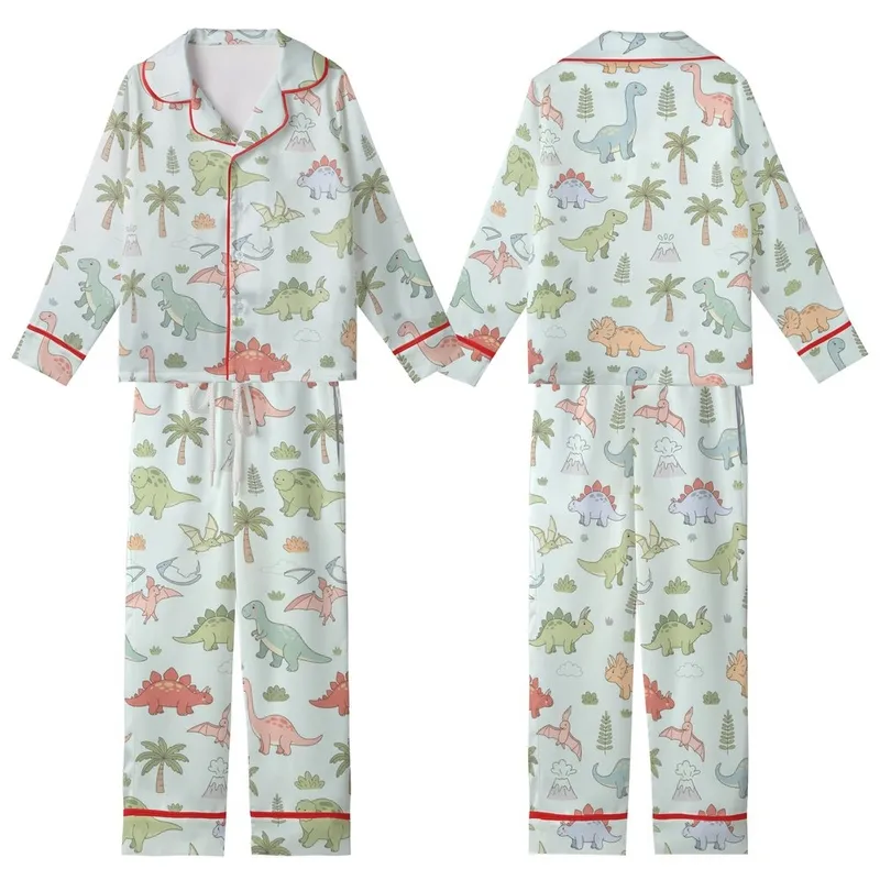 Playful Women's Seamless Pastel Sky Blue Hand-Drawn Cartoon Dinosaurs & Prehistoric Flora Kid Satin Pajamas Set - 1