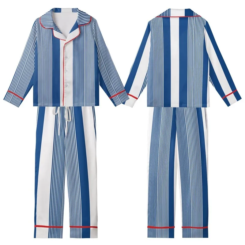 Women's Crisp Cobalt Blue White Alternating Fine Broad Vertical Stripe Geometric Kid Satin Pajamas Set - 1