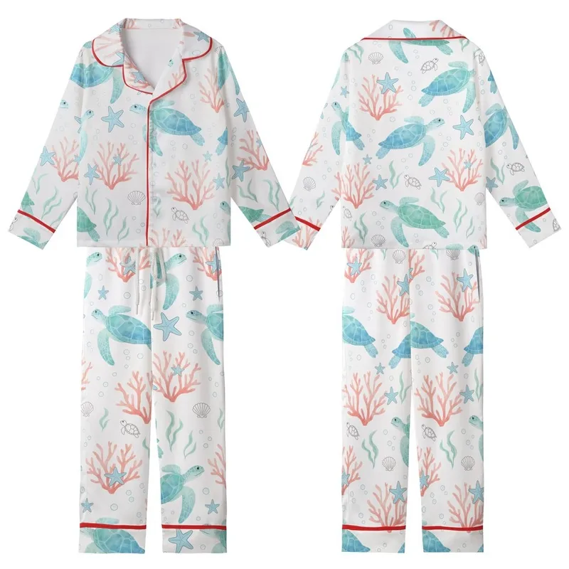 Women's Whimsical Aqua Teal Watercolor Sea Turtle Coral Pink Reef Kid Satin Pajamas Set - 1