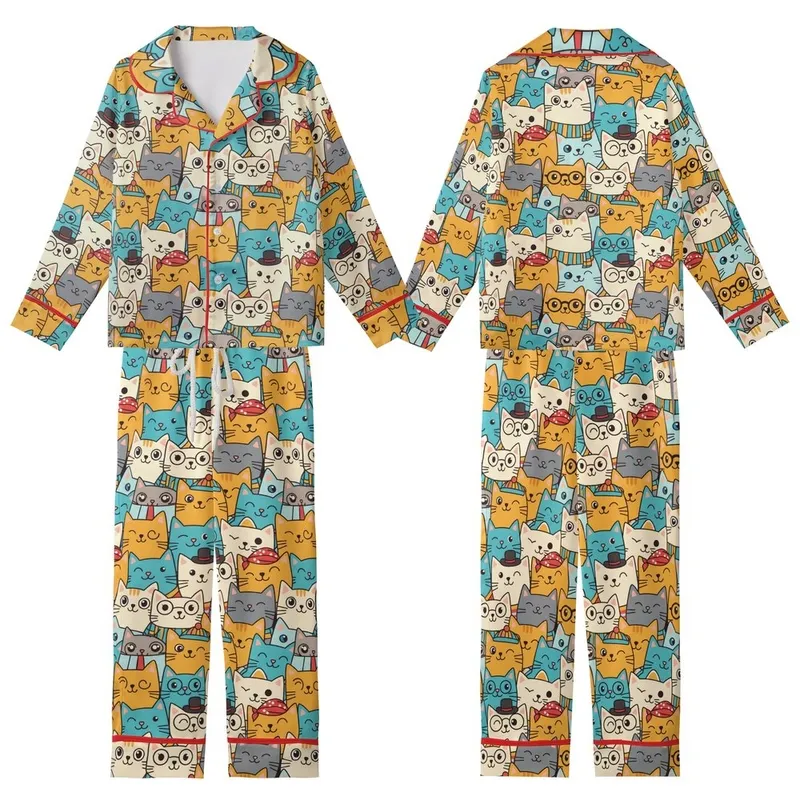Cat Lovers' Whimsical Multi-Color Cartoon Feline Faces Pattern with Hats and Glasses Kid Satin Pajamas Set - 1