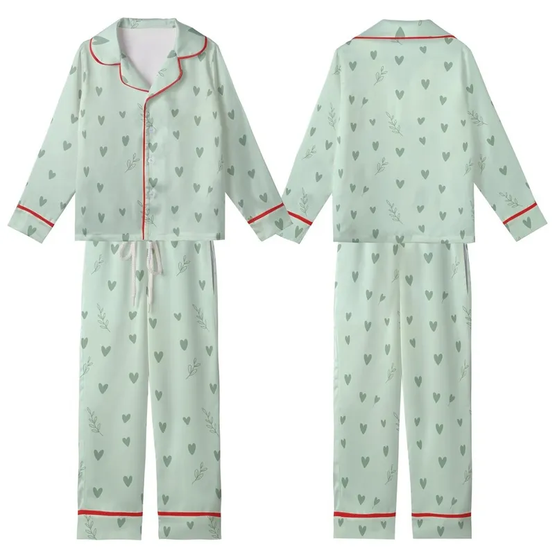 Women's Very Pale Mint Green Subtle Sage Hand-Drawn Heart & Leaf Kid Satin Pajamas Set - 1