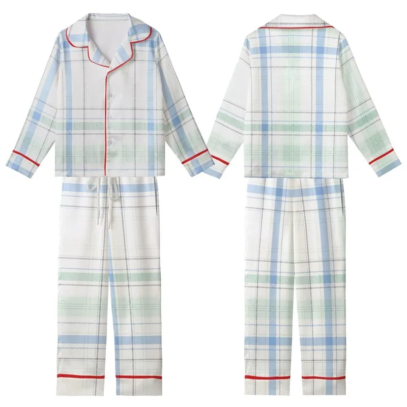Women's Crisp Plaid Geometric Sky Blue Muted Mint Charcoal Grey Off-White Cornflower Accents Kid Satin Pajamas Set - 1
