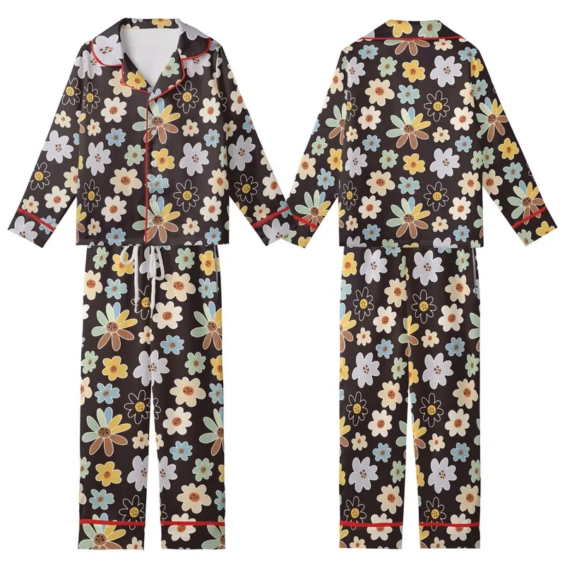 Women's Whimsical Illustrative Floral Scatter Pattern in Cream, Beige, Soft Blues, Mint, Lavender on Deep Brown Kid Satin Pajamas Set - 1