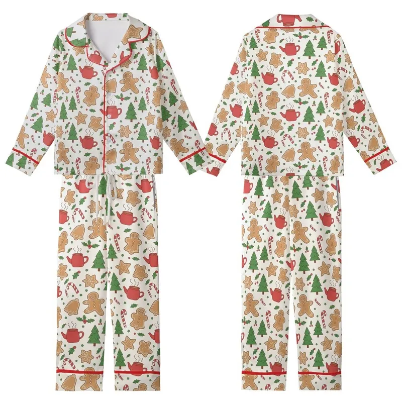 Women's Whimsical Gingerbread Hot Cocoa Candy Cane Holly Pattern on Creamy Off-White Kid Satin Pajamas Set - 1