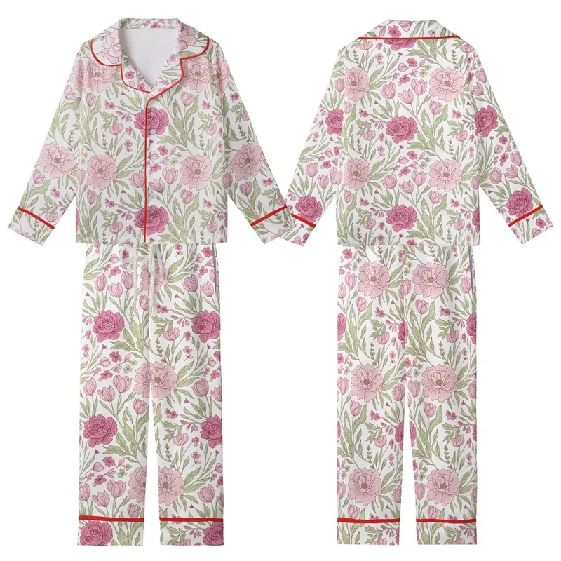 Women's Vintage Botanical Blush Rose Peony Floral with Sage Green Leaves & Burgundy Outlines Kid Satin Pajamas Set - 1