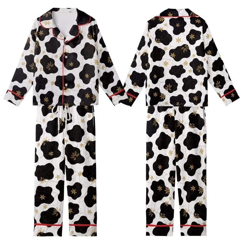 Modern Art Enthusiasts' Black White Abstract Cow Spot Golden Star Burgundy Line Pattern Kid Satin Pajamas Set - 1