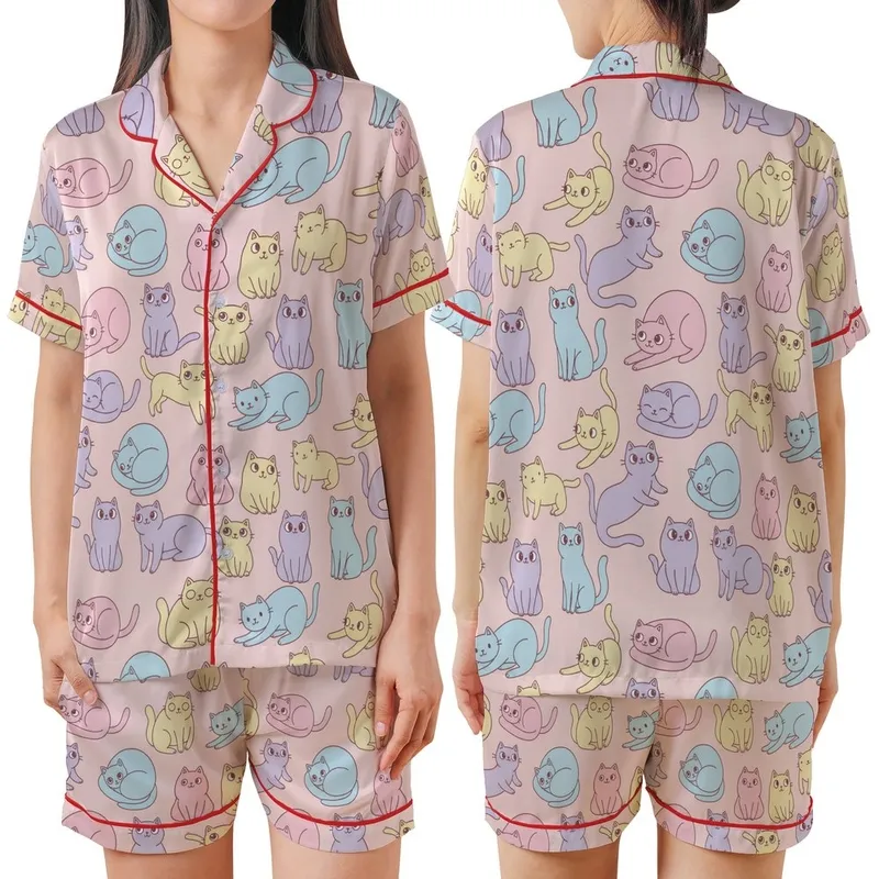 Cat Lovers' Whimsical Hand-Drawn Pastel Pink Blue Yellow Purple Cartoon Cat Repeating Pattern Satin Short-Sleeve Pajamas Set - 1