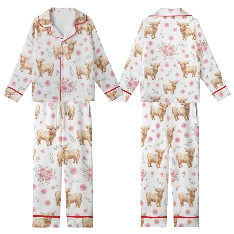 Women's Whimsical Watercolor Fluffy Highland Cow Calf Pink Rose Daisy Floral Pattern Kid Satin Pajamas Set - 1
