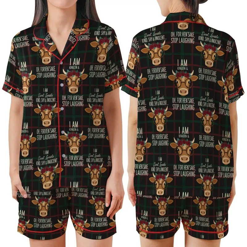 Animal Lovers' Whimsical Cow Heads with Glasses & Floral Crowns, Humorous Typography, Earthy Tones & Plaid Hint Satin Short-Sleeve Pajamas Set - 1