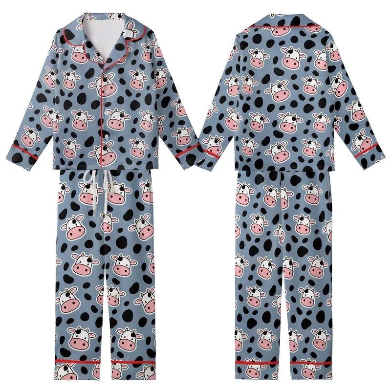 Farm Animal Fans' Illustrative Flat Cartoon Cow Faces Pink Snouts Muted Blue-Grey All-Over Black Spot Pattern Kid Satin Pajamas Set - 1