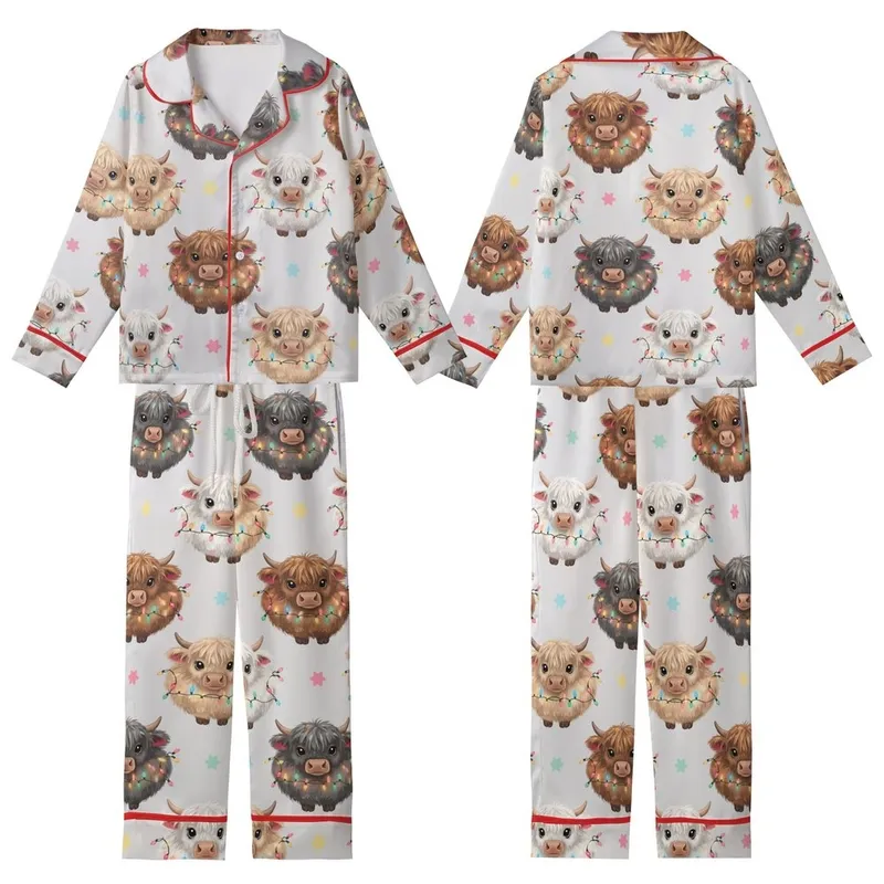 Whimsical Animal Lovers' Fluffy Highland Calves Multi-Color Christmas Lights Pastel Stars Pattern Kid Satin Pajamas Set - 1