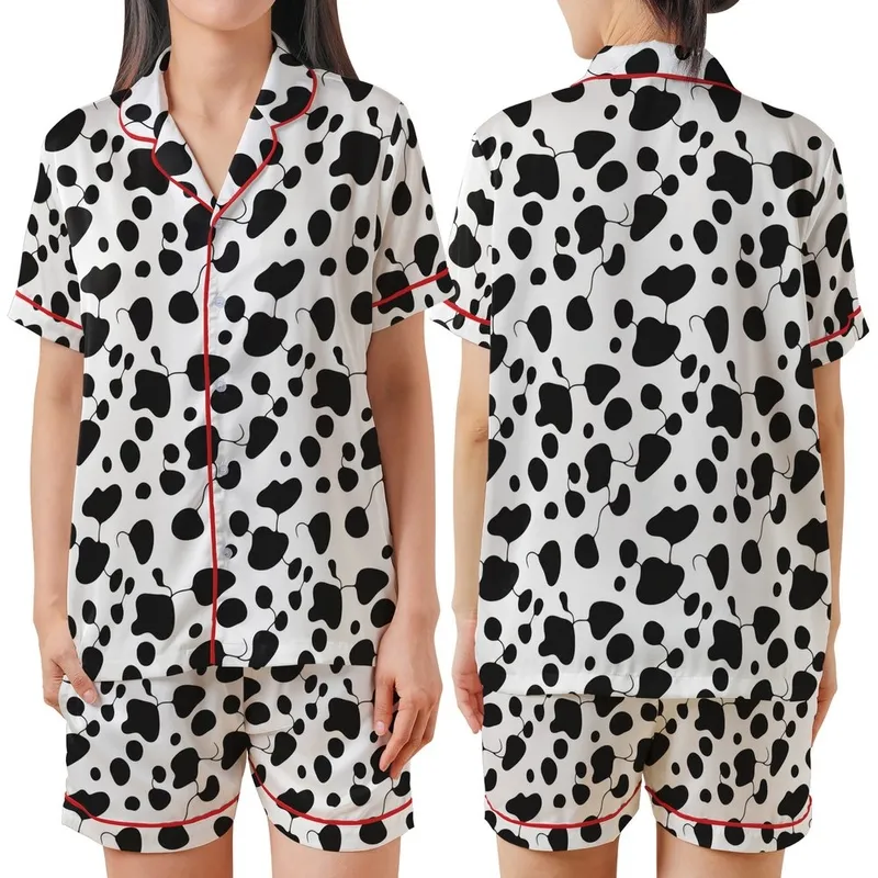 Modern Style Enthusiasts' Dynamic Black White Organic Interconnected Rounded Shapes Pattern Satin Short-Sleeve Pajamas Set - 1