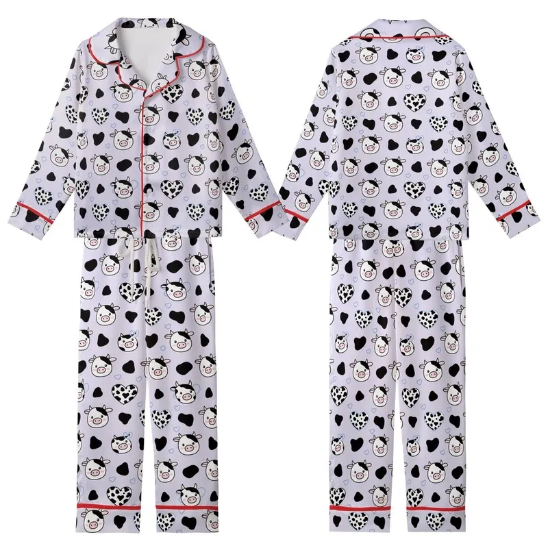 Cute Farm Animal Lovers' Soft Light Lavender Seamless Cartoon Cow Heads, Black Patches, Mixed Heart Spots Pattern Kid Satin Pajamas Set - 1