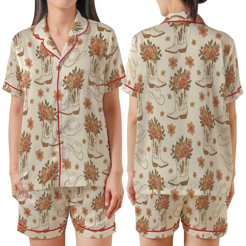 Boho Western Lovers' Retro Illustrated Cowboy Boots Wildflowers Peach Coral Olive Green Pattern Satin Short-Sleeve Pajamas Set - 1