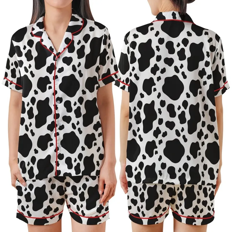 Fashion-Forward Individuals' Bold Black White Organic Irregular Cow Spot Seamless Pattern Satin Short-Sleeve Pajamas Set - 1