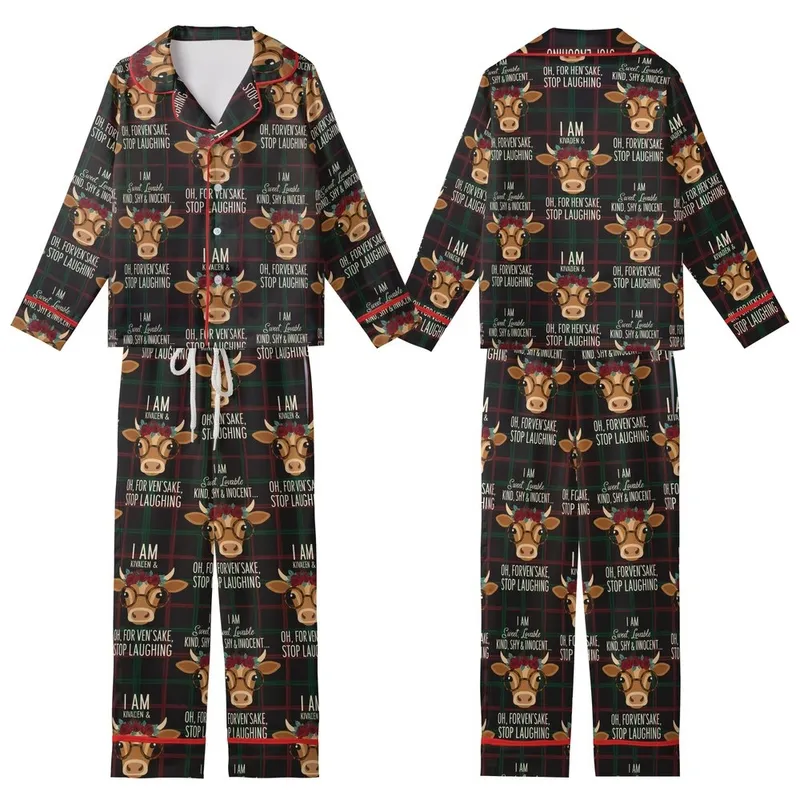 Animal Lovers' Whimsical Cow Heads with Glasses & Floral Crowns, Humorous Typography, Earthy Tones & Plaid Hint Kid Satin Pajamas Set - 1