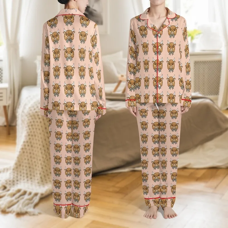 Highland Cow Lovers' Whimsical Brown Leopard Bow Peachy Pink Pattern Satin Pajamas Set - 1