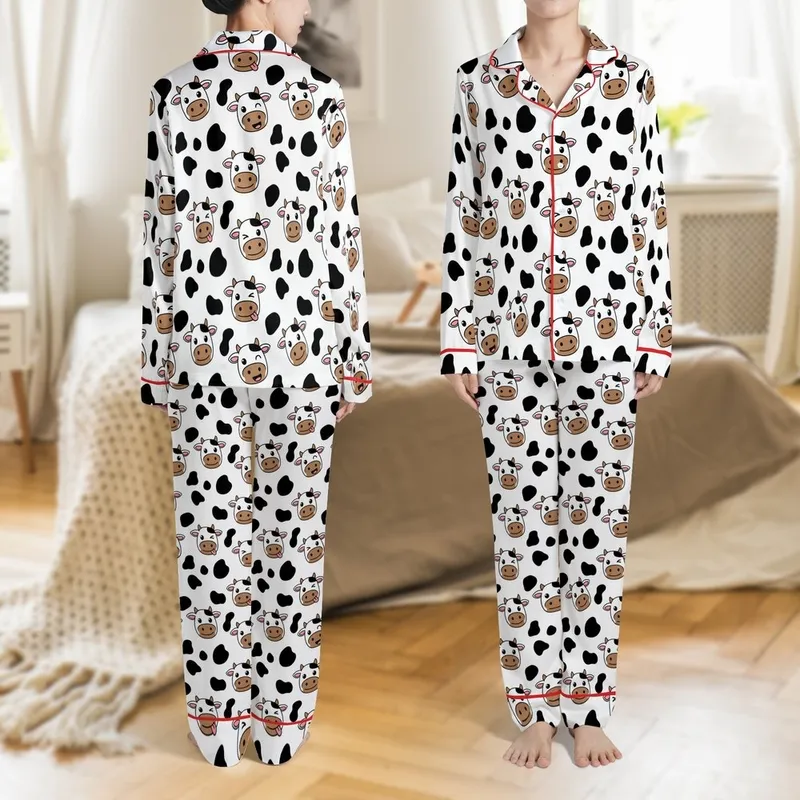 Cow Lovers' Cheerful Stylized Cartoon Cow Faces Seamless White Black Spot Pattern Brown Horns Pink Ears Satin Pajamas Set - 1