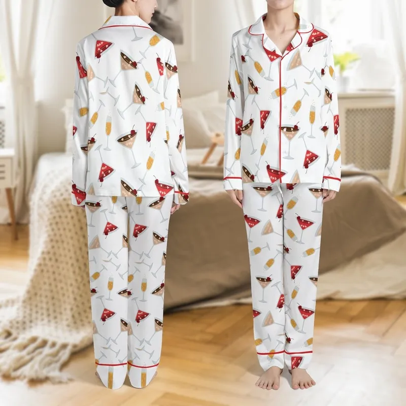 Cocktail & Dessert Lovers' Whimsical Martini Champagne Heart Cherry Golden Amber Flat Pattern Satin Pajamas Set - 1