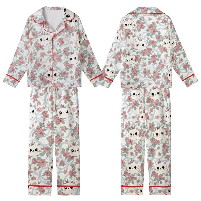 Cat Lovers' Whimsical Pink Crown Cartoon Cats, Soft Pink Rose Blossom, Sage Green, Pastel Blue Pattern Kid Satin Pajamas Set - 1