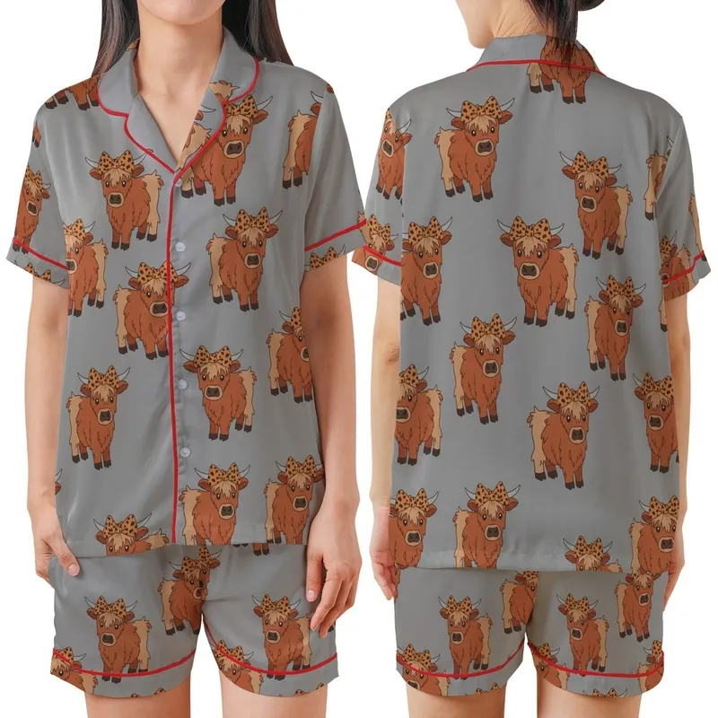 Animal Lovers' Fluffy Baby Highland Cow Reddish-Brown Fawn Leopard Bow Flat Graphic Pattern on Heather Gray Satin Short-Sleeve Pajamas Set - 1