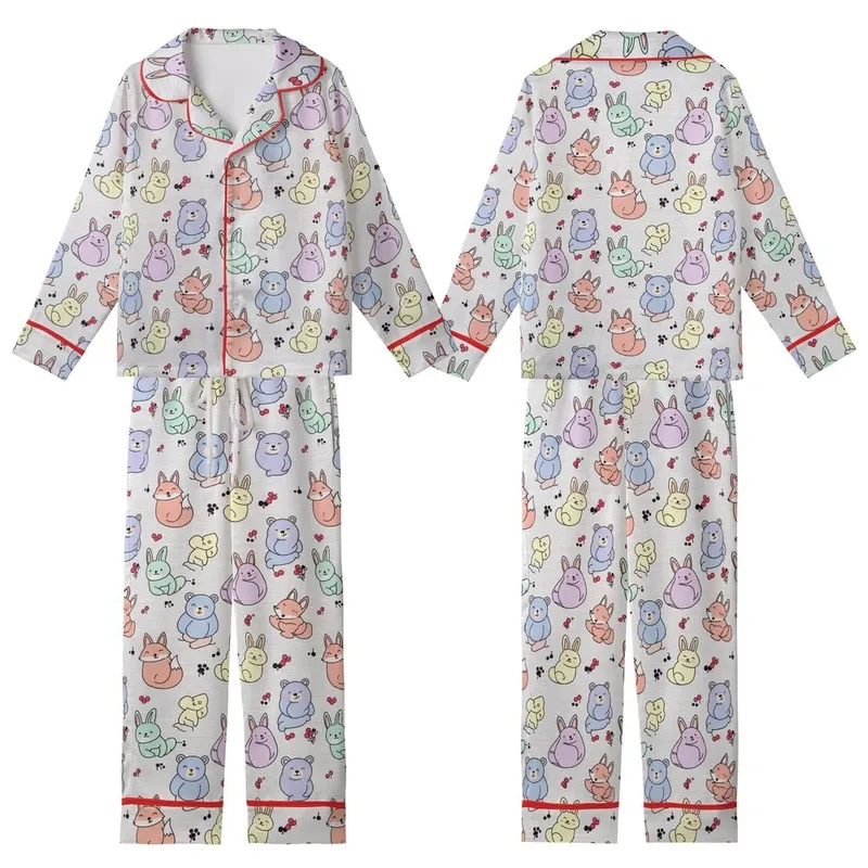 Animal Lovers' Cute Stylized Cartoon Forest Animals Seamless Pattern with Pastel Bears, Foxes, Rabbits on Heathered Light Grey Kid Satin Pajamas Set - 1