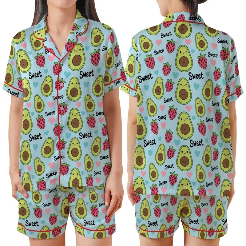 Whimsical Lovers' Cute Pastel Blue Avocado Strawberry Leopard Heart 'Sleep Sweet' Pattern Satin Short-Sleeve Pajamas Set - 1