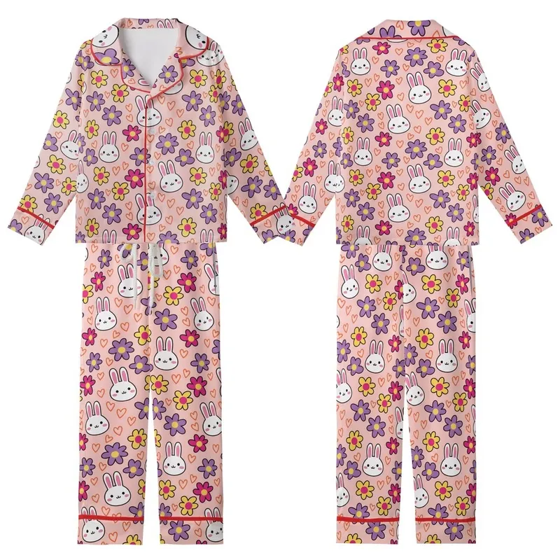 Women's Cheerful Pastel Pink White Cartoon Bunny Purple Yellow Flower Orange Heart Illustrative Pattern Kid Satin Pajamas Set - 1