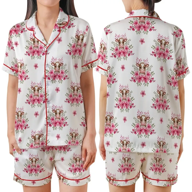 Animal Lovers' Whimsical Watercolor Brown Spotted Calves Fuchsia Blush Cherry Blossom Seamless Pattern Satin Short-Sleeve Pajamas Set - 1