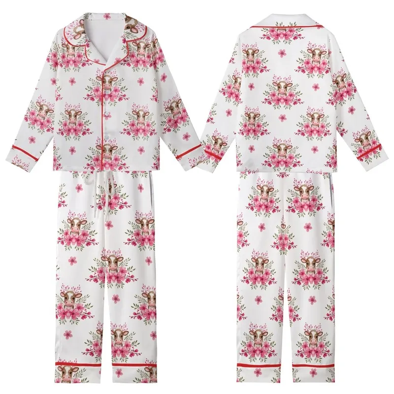Animal Lovers' Whimsical Watercolor Brown Spotted Calves Fuchsia Blush Cherry Blossom Seamless Pattern Kid Satin Pajamas Set - 1