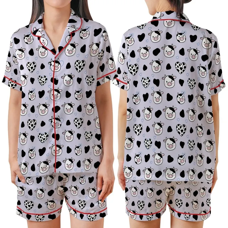 Cute Farm Animal Lovers' Soft Light Lavender Seamless Cartoon Cow Heads, Black Patches, Mixed Heart Spots Pattern Satin Short-Sleeve Pajamas Set - 1