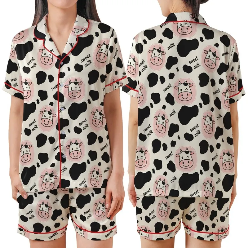 Cute Cartoon Style Fans' Cream Off-White Black Cow Print, Pink Cartoon Cow Faces & 'Sweet Milk' Pattern Satin Short-Sleeve Pajamas Set - 1