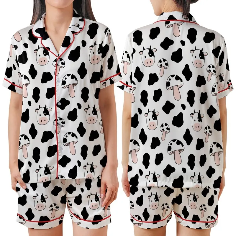 Whimsical Design Lovers' Seamless Black White Pink Hand-Drawn Cowhide Spot Cartoon Cow Mushroom Pattern Satin Short-Sleeve Pajamas Set - 1