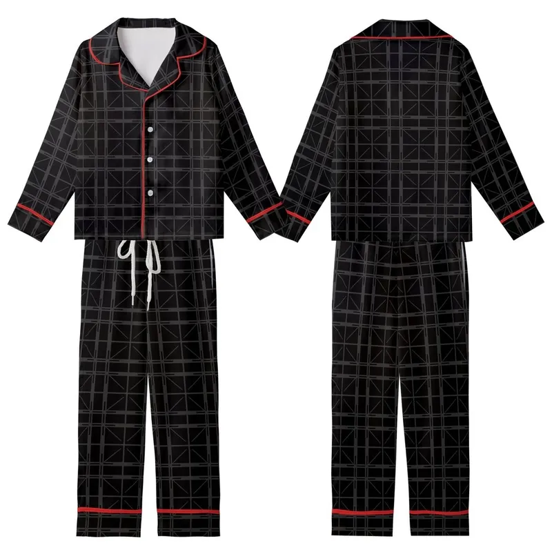 Minimalist Design Lovers' Deep Black Charcoal Interlocking Line Subtle Grid Kid Satin Pajamas Set - 1