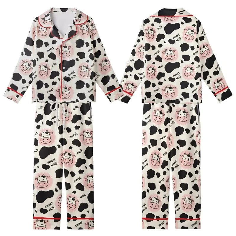 Cute Cartoon Style Fans' Cream Off-White Black Cow Print, Pink Cartoon Cow Faces & 'Sweet Milk' Pattern Kid Satin Pajamas Set - 1