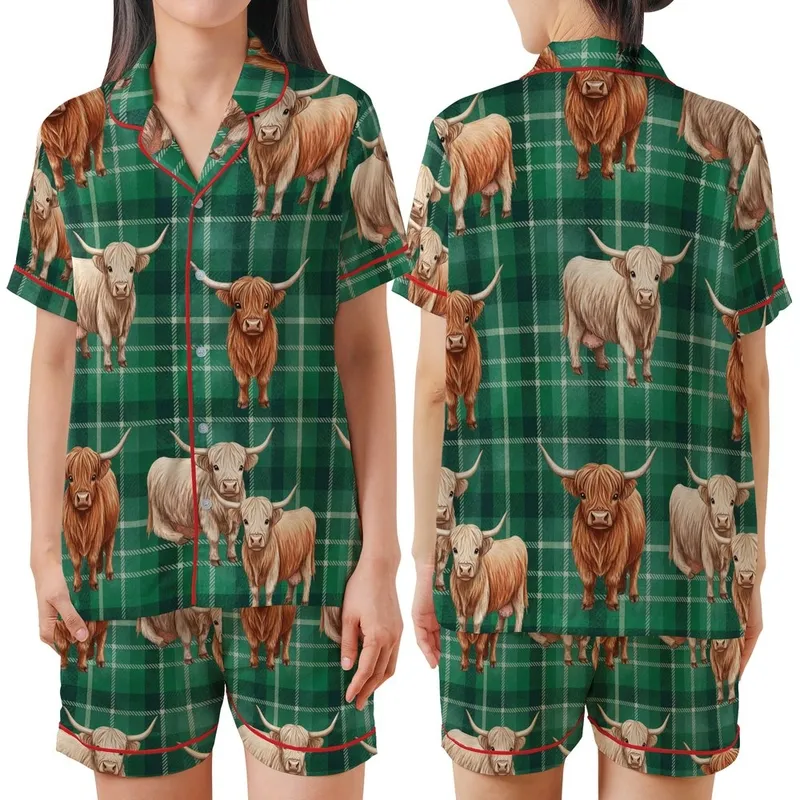 Rustic Animal Lovers' Emerald Green Watercolor Plaid Fluffy Highland Cow Pattern Satin Short-Sleeve Pajamas Set - 1