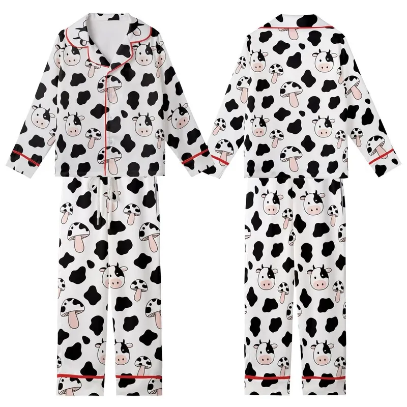 Whimsical Design Lovers' Seamless Black White Pink Hand-Drawn Cowhide Spot Cartoon Cow Mushroom Pattern Kid Satin Pajamas Set - 1