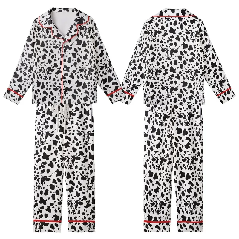 Farm Life Admirers' Black White Organic Splotch Abstract Cow Pattern Kid Satin Pajamas Set - 1