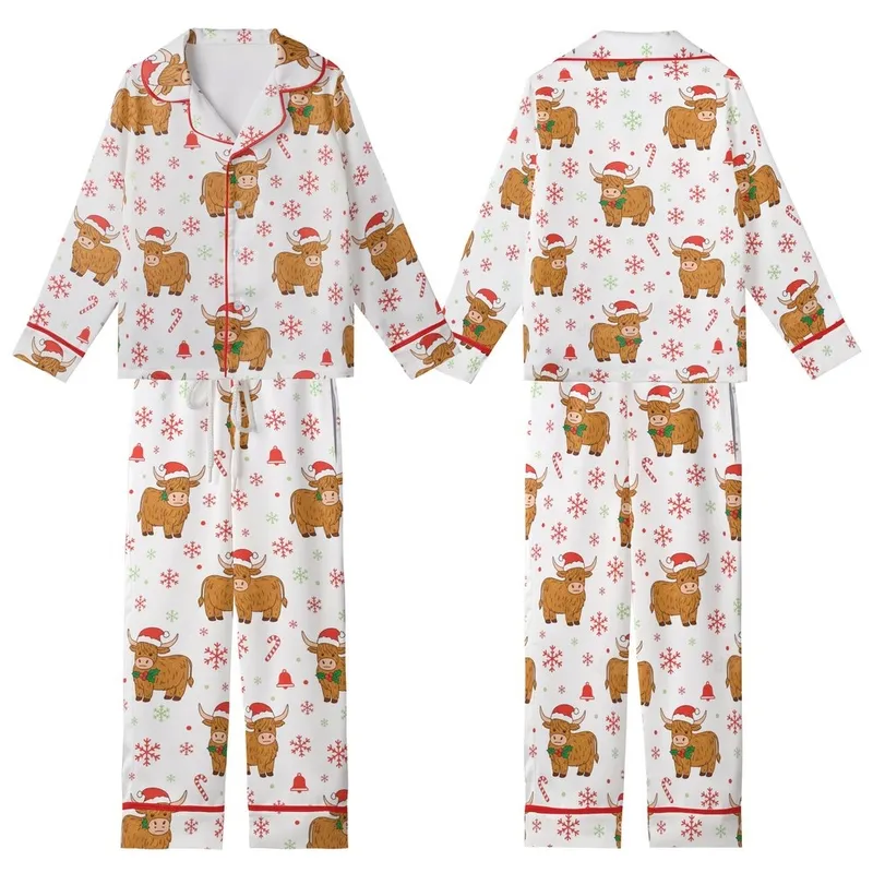 Holiday Animal Lovers' Whimsical Flat Art Highland Cow Christmas Pattern with Santa Hats, Holly Wreaths, Red & Green Snowflakes Kid Satin Pajamas Set - 1
