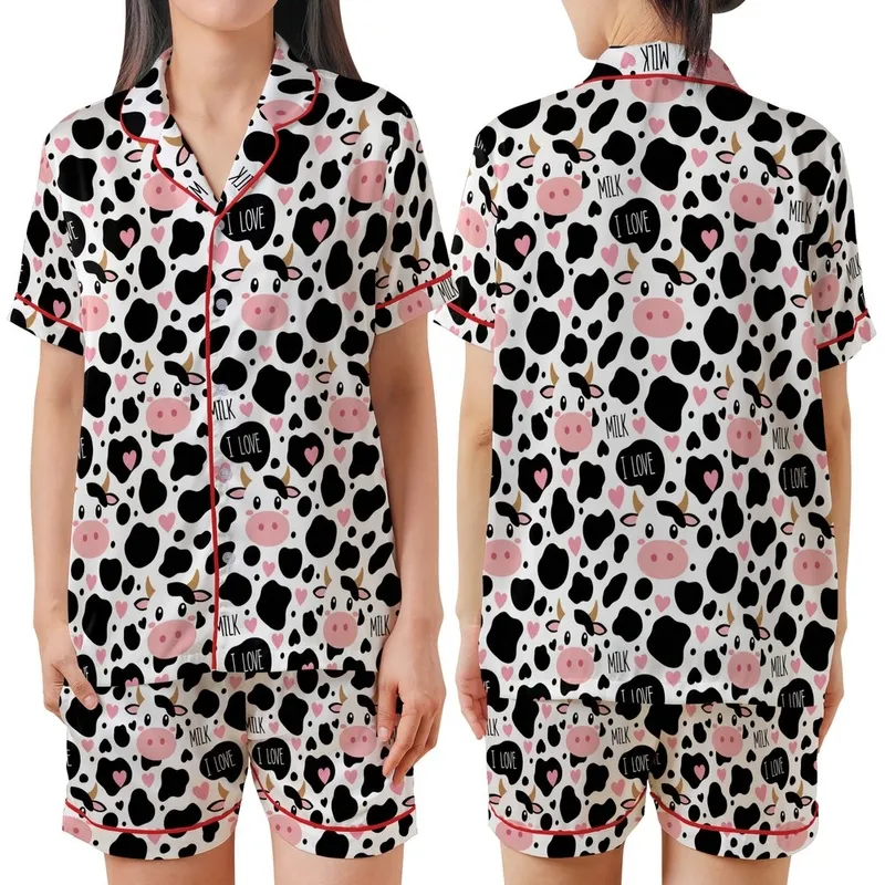 Cute Style Enthusiasts' White & Black Holstein Cow Print, Bubblegum Pink Hearts, Cartoon Cow Faces, I LOVE MILK Text Satin Short-Sleeve Pajamas Set - 1
