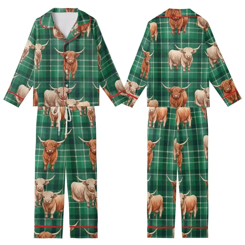Rustic Animal Lovers' Emerald Green Watercolor Plaid Fluffy Highland Cow Pattern Kid Satin Pajamas Set - 1